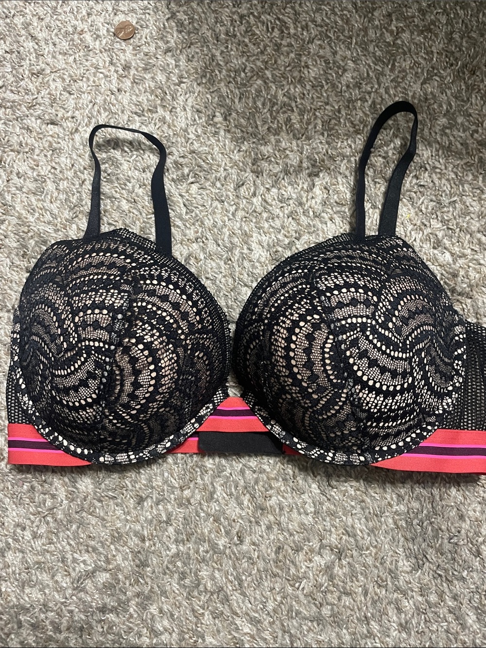Victoria's Secret Black Lace Push-Up Bra with Pink Stripe Detail